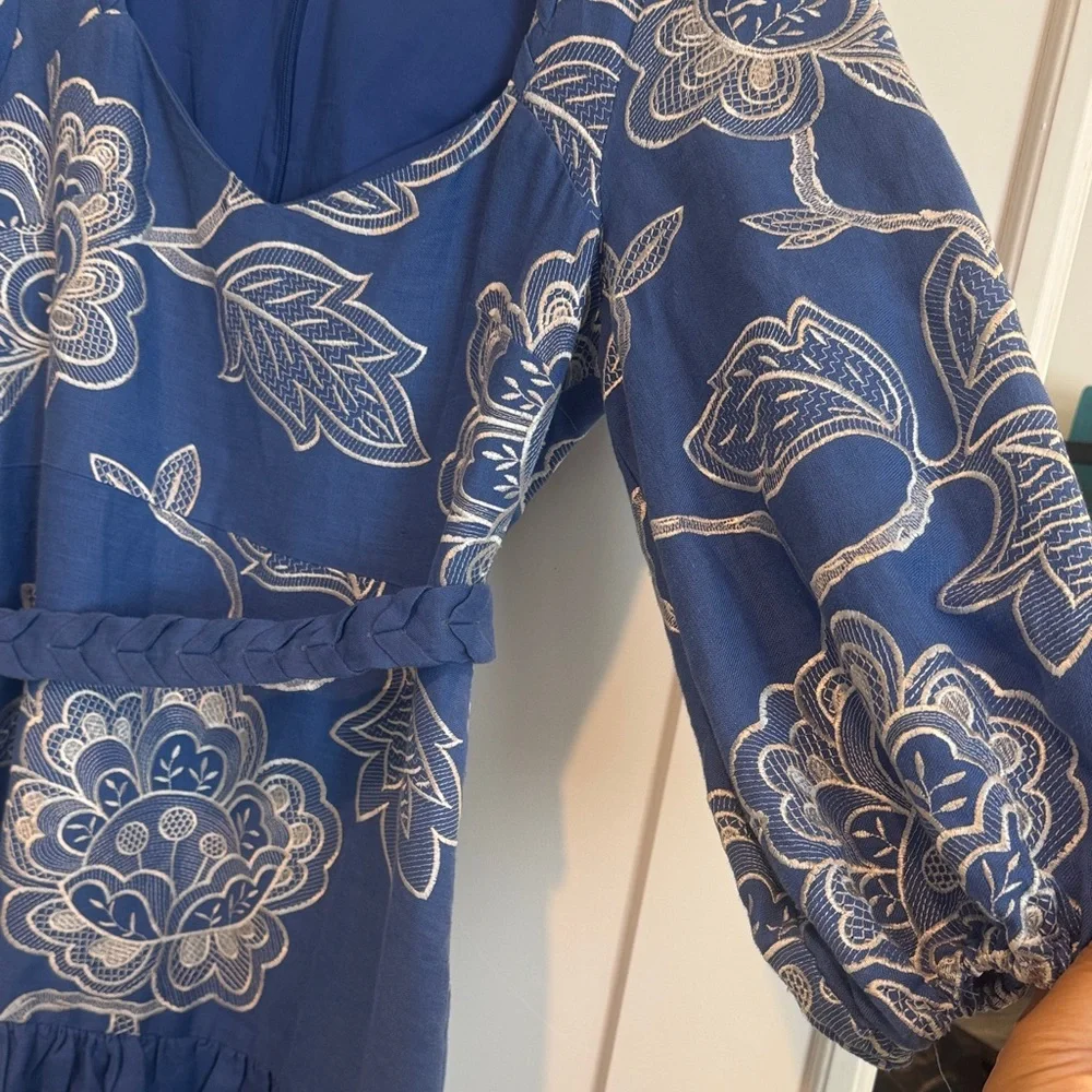 Alexis Blue and White Floral Lace-Trim Dress - Picture 4 of 4